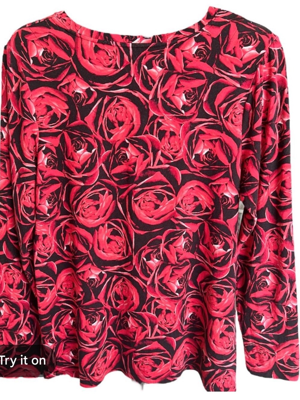 Chico’s Red/Black Rose Print Long Sleeve Top Chicos 2/L